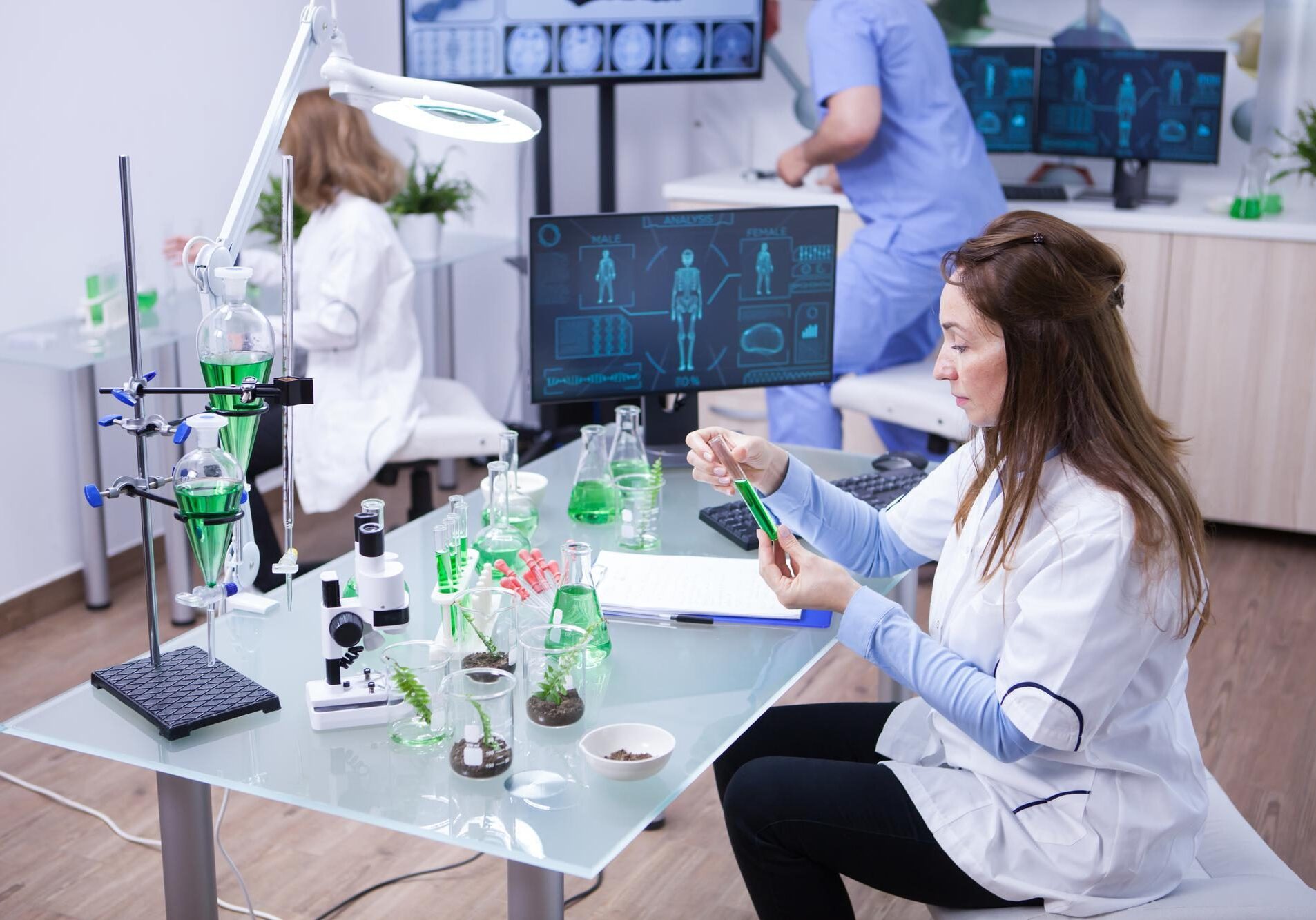 Scientists in a lab conducting research with plants and digital analysis.