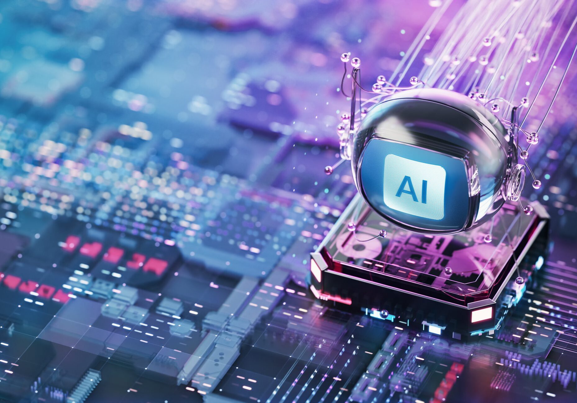 AI concept with a microchip displaying 'AI' on a circuit board.