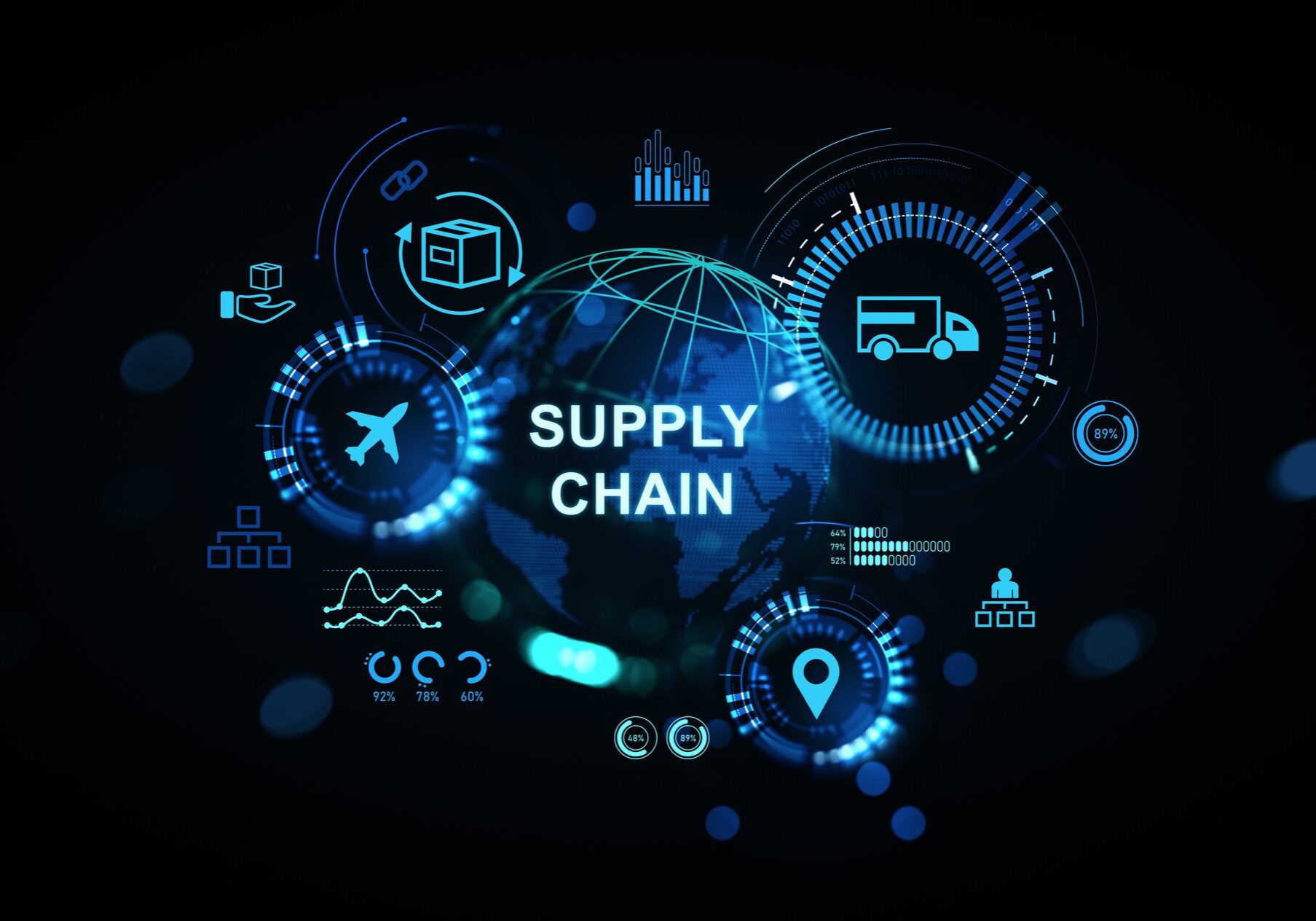 Digital illustration of a global supply chain network with interconnected icons.